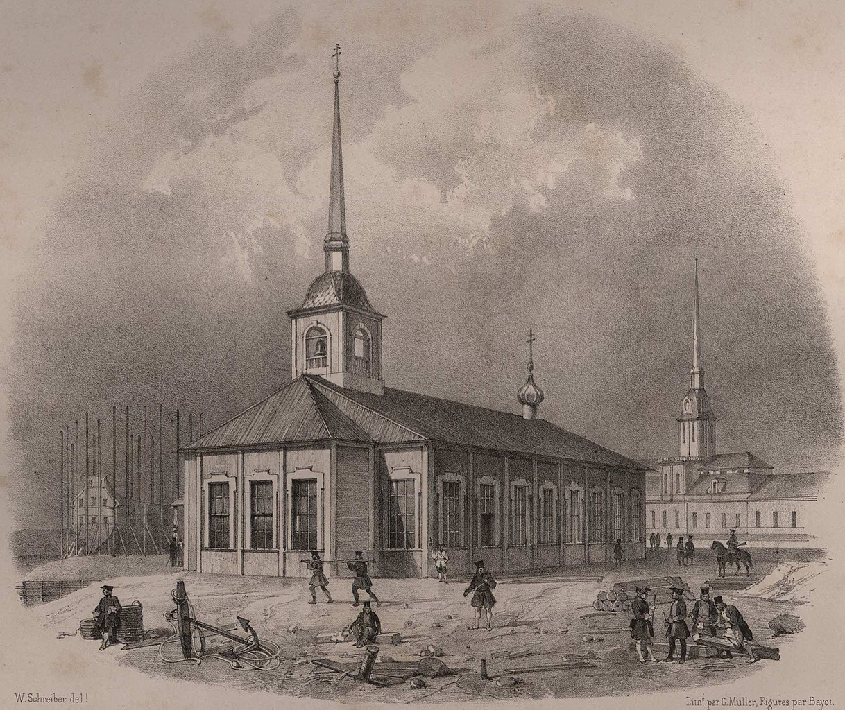 Первая деревянная церкви святого Исаакия, автор рисунка Шрайбер, В., 1845-1850 год.