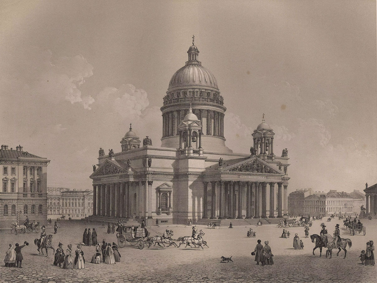 Вид Исаакиевского собора, 1858 год, литография по рисунку О. Монферрана