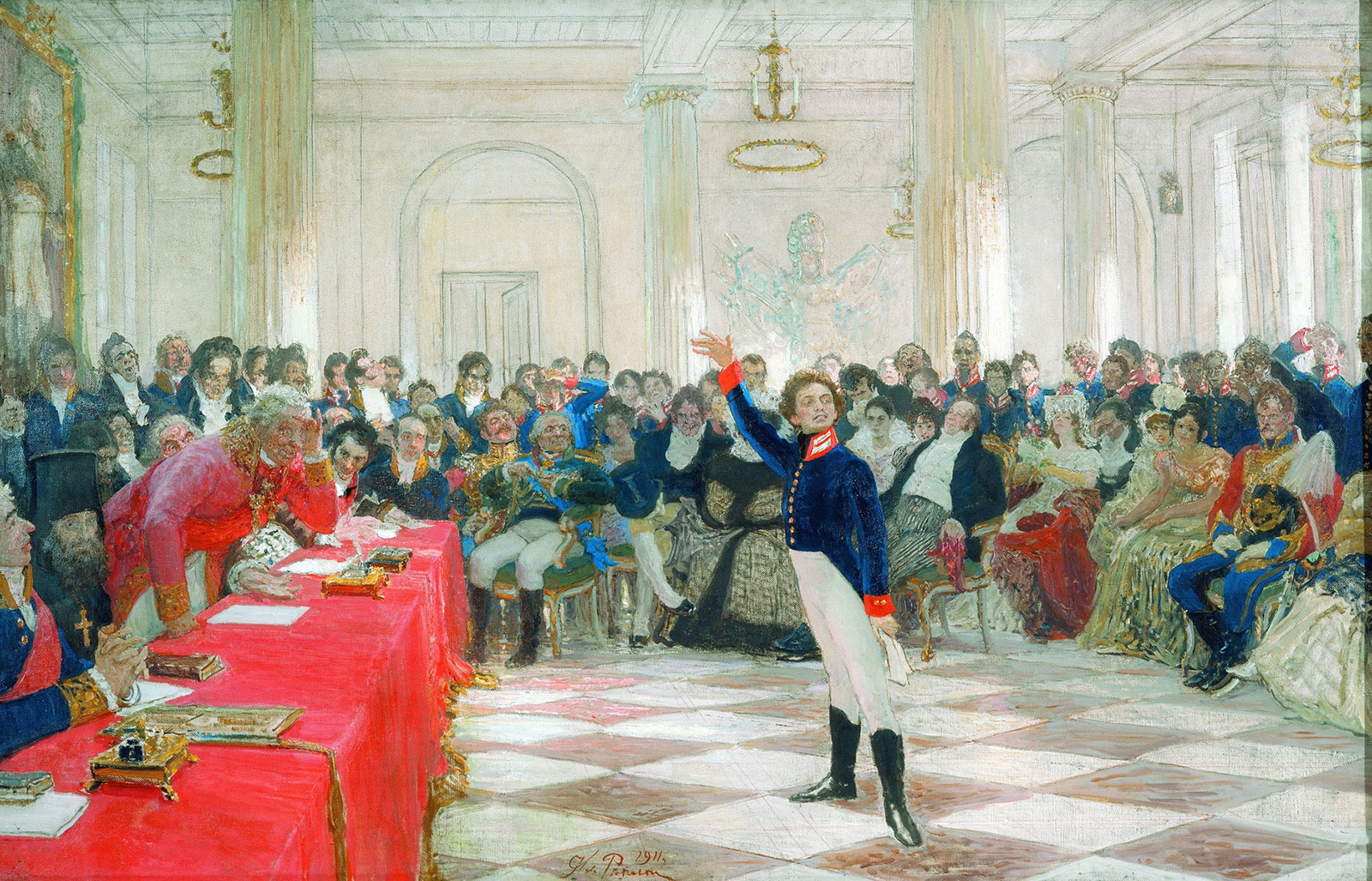 "Пушкин на экзамене в Царском Селе 8 января 1815 года", картина И. Е. Репина 1911 г.