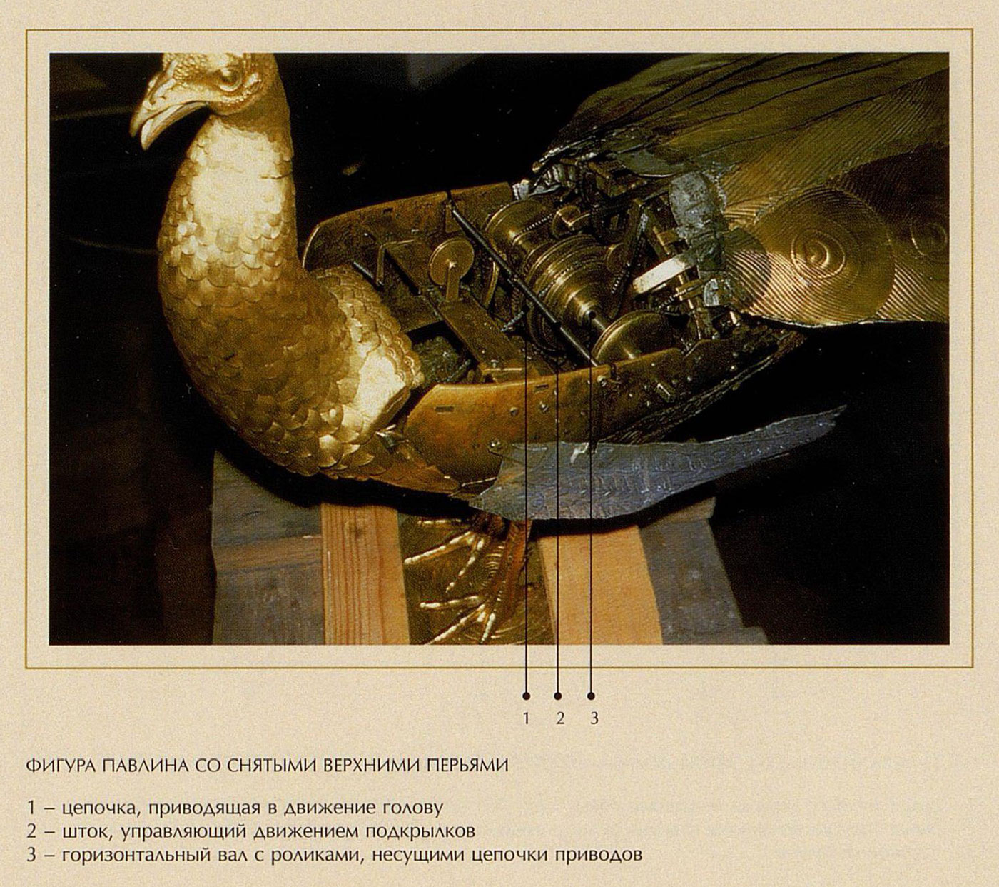 Фигура павлина со снятыми верхними перьями часов "Павлин" в Эрмитаже