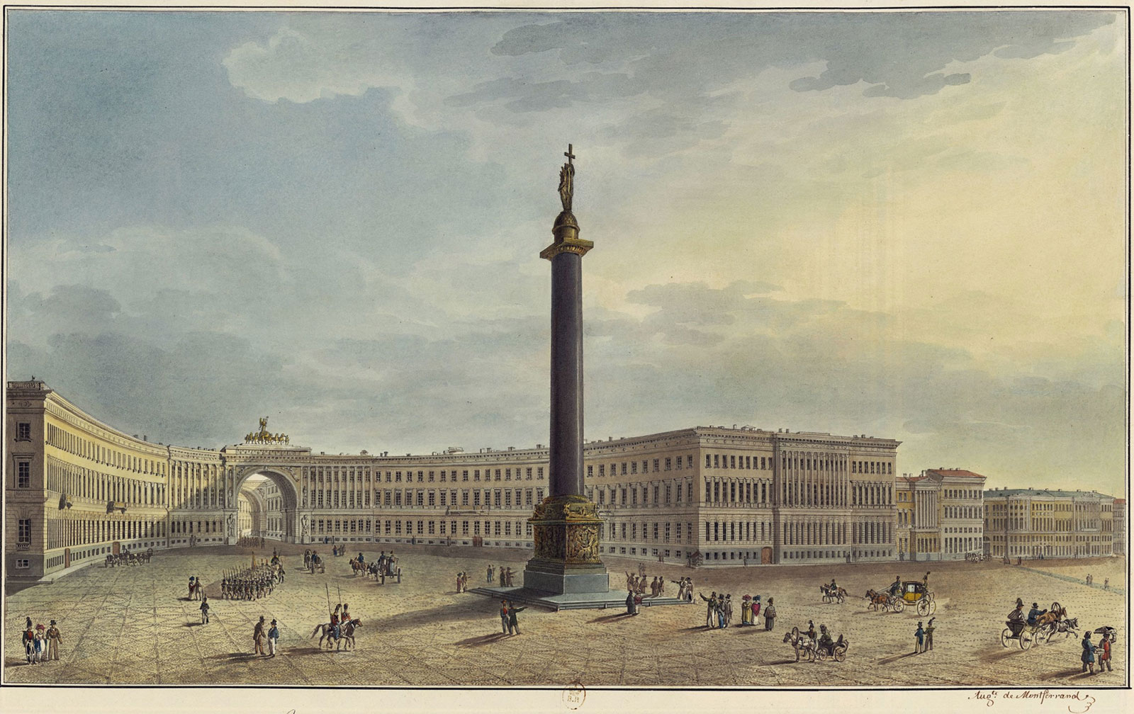 Площадь с Александровской колонной на рисунке О.Монферрана, 1829—1830 гг.