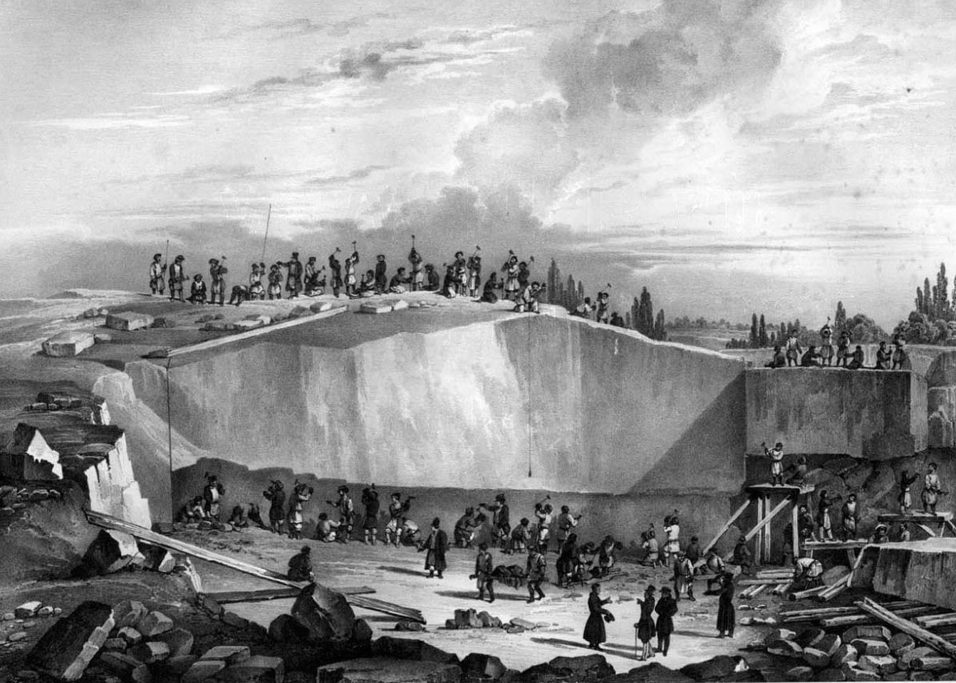Вид работ в Пютерлакской каменоломне, рисунку О. Монферрана, 1836 г.