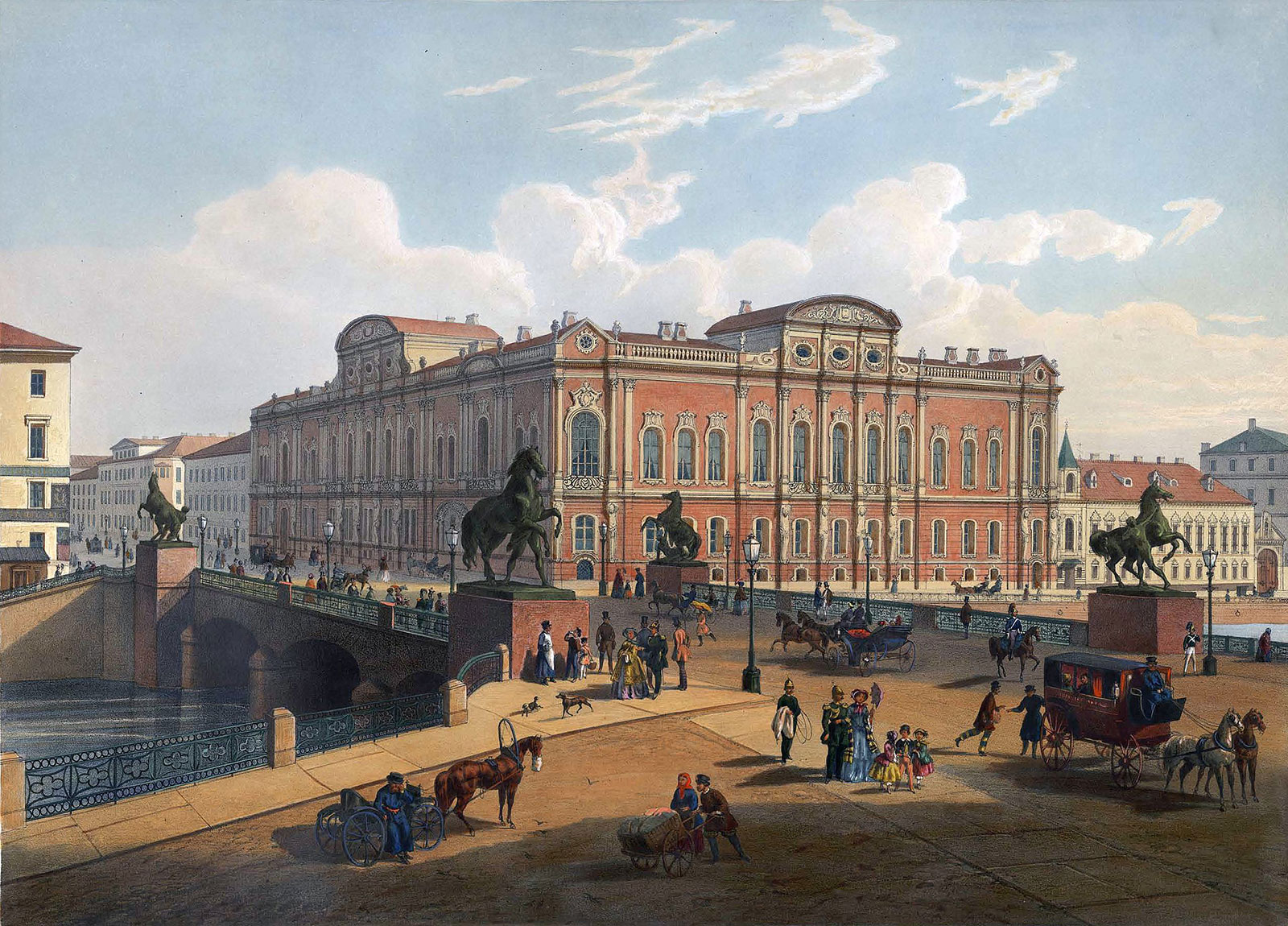Вид с Аничкова моста на дворец Белосельских-Белозерских, 1859 год, Гравюра Жакотте Ж. Л. и Регаме по рисунку И.И.Шарлеманя