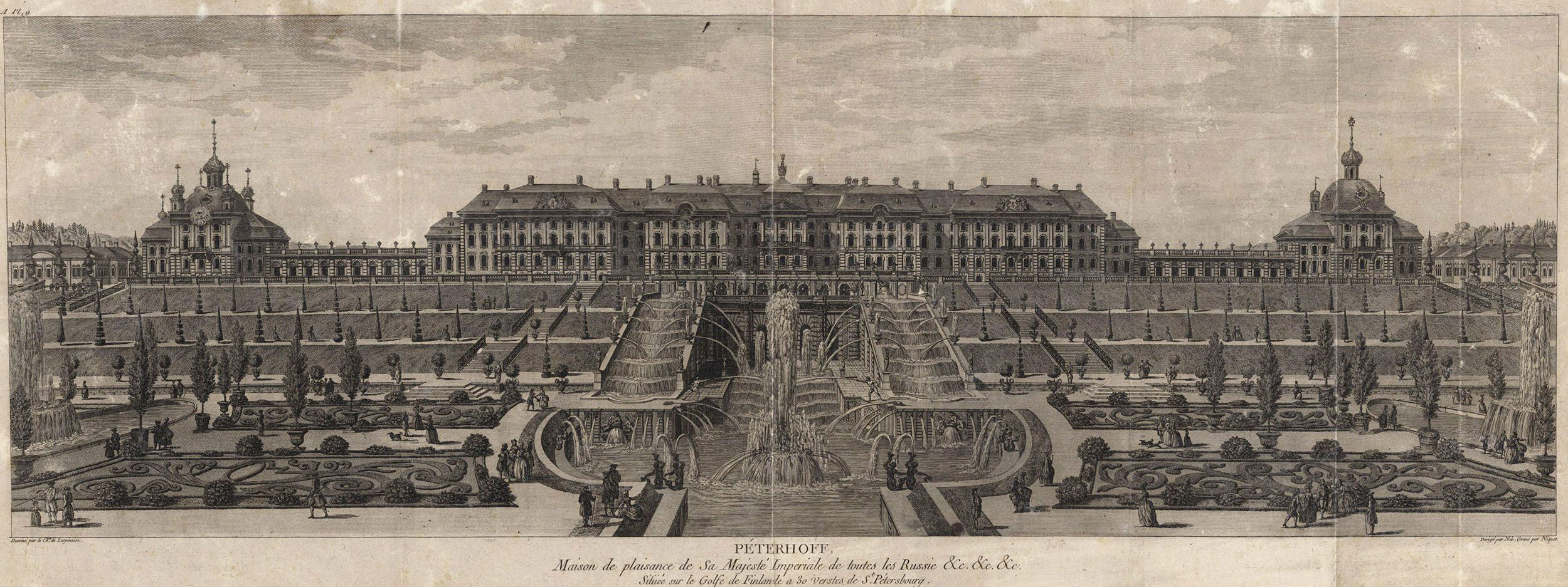 Большой каскад фонтанов в Нижнем парке Петергофа, 1750-1760, гравюра Л.Н. де Леспинасс