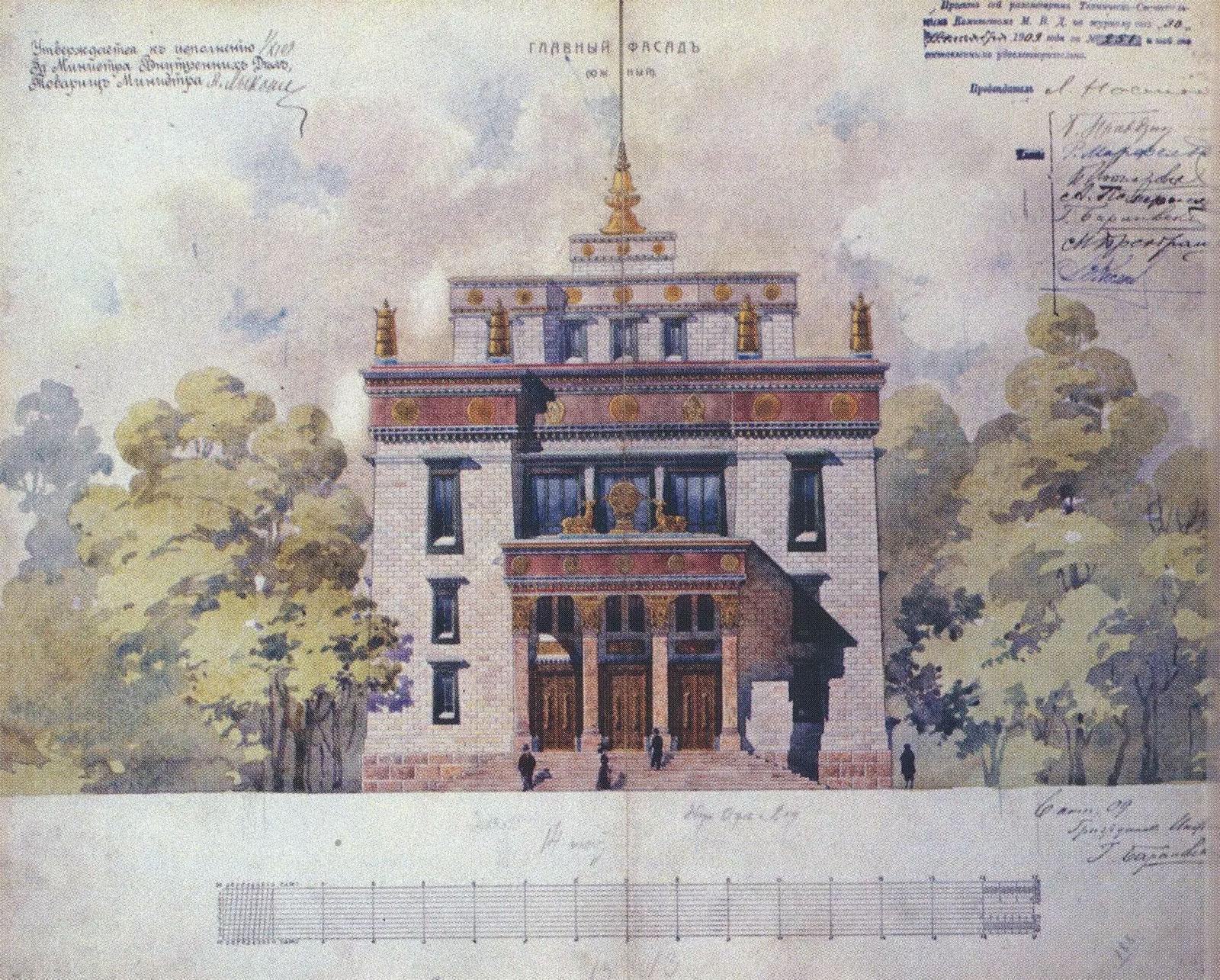 Акварель главного фасада буддийского храма Дацан Гунзэчойнэй в Санкт-Петербурге, архитектора Г. В. Барановского, 1909 год