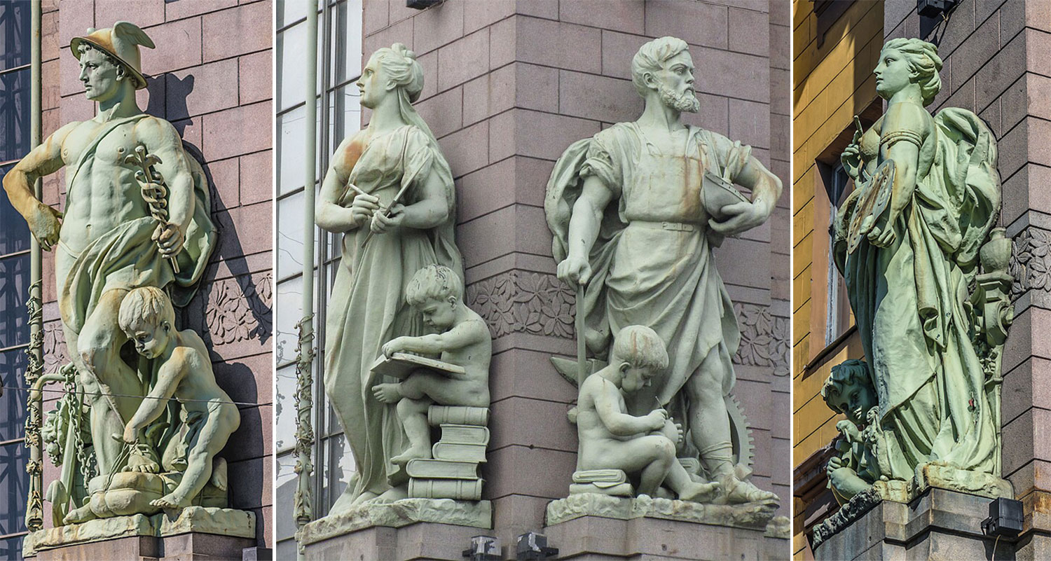 Скульптуры на фасадах Елисеевского Магазина: Торговля, Наука, Промышленность, Искусство (слева направо)