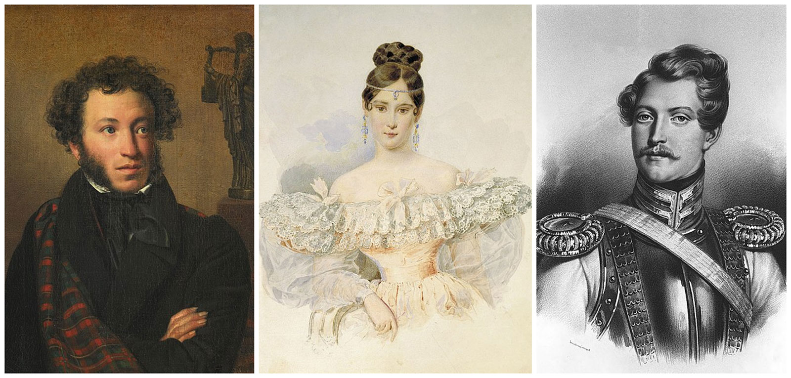 Пушкин, его жена Наталья Гончарова и Дантес