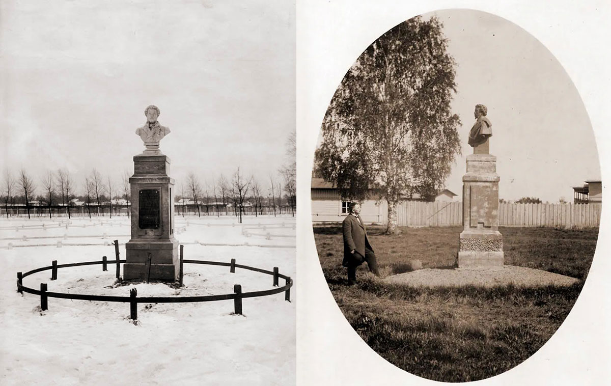 Первый памятник на месте дуэли Пушкина, фото слева 1912 г., справа – 1899 г.