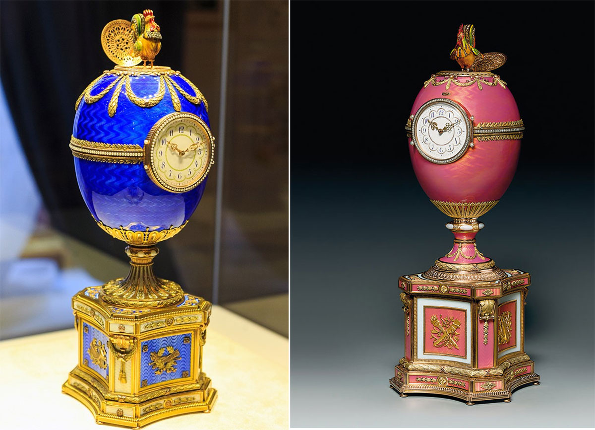 Яйцо Шантеклер (слева), выполненное по ротшильдовскому прототипу (справа) и купленное Варварой Петровной Кельх в 1904 году. Фирма Карла Фаберже, мастер Яков Ляпунов. Сейчас хранится в музее Фаберже в Петербурге.