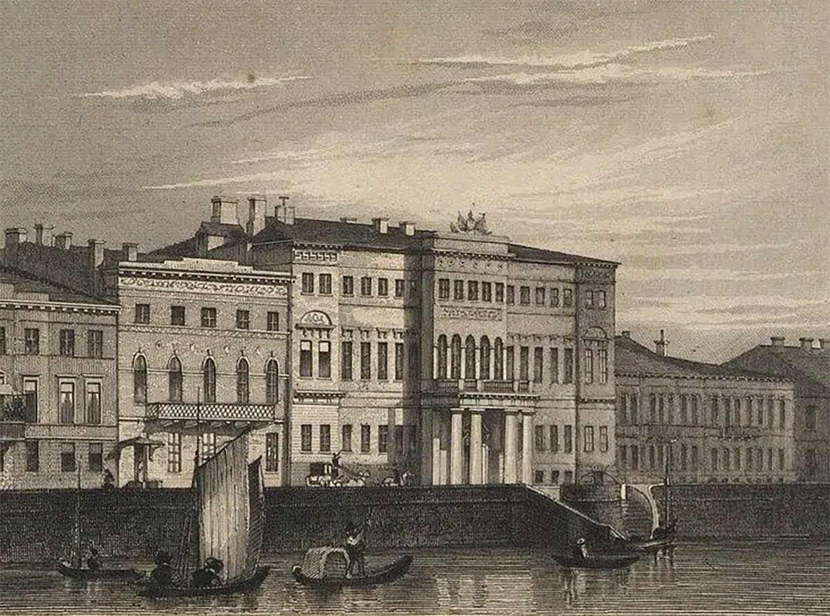 Вид на здание Департамента уделов на Дворцовой набережной, 1830-1833 гг., Гравёр: John Gaubert (Гобер), с оригинала худ. А.М. Горностаева