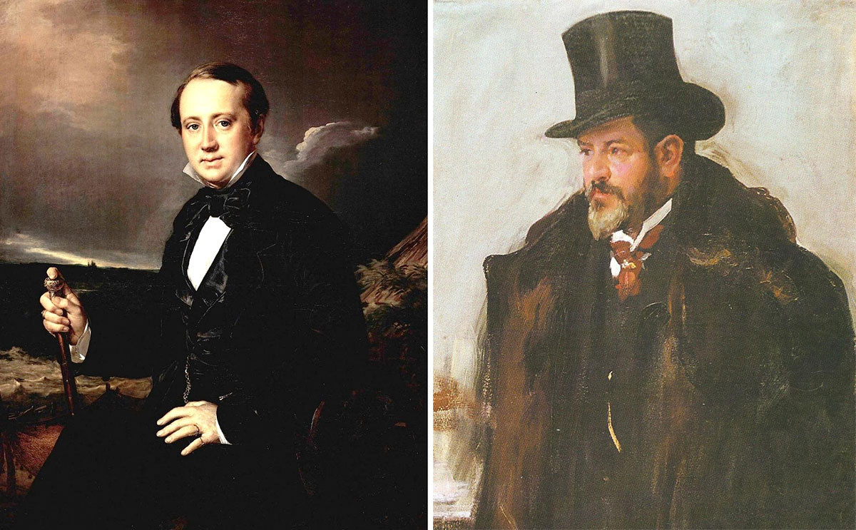 Слева портрет А. А. Сапожников (художник В. А. Тропинин, 1852 г), справа - Л.Н. Бенуа (художник А. Мурашко, около 1904–1910 гг.)